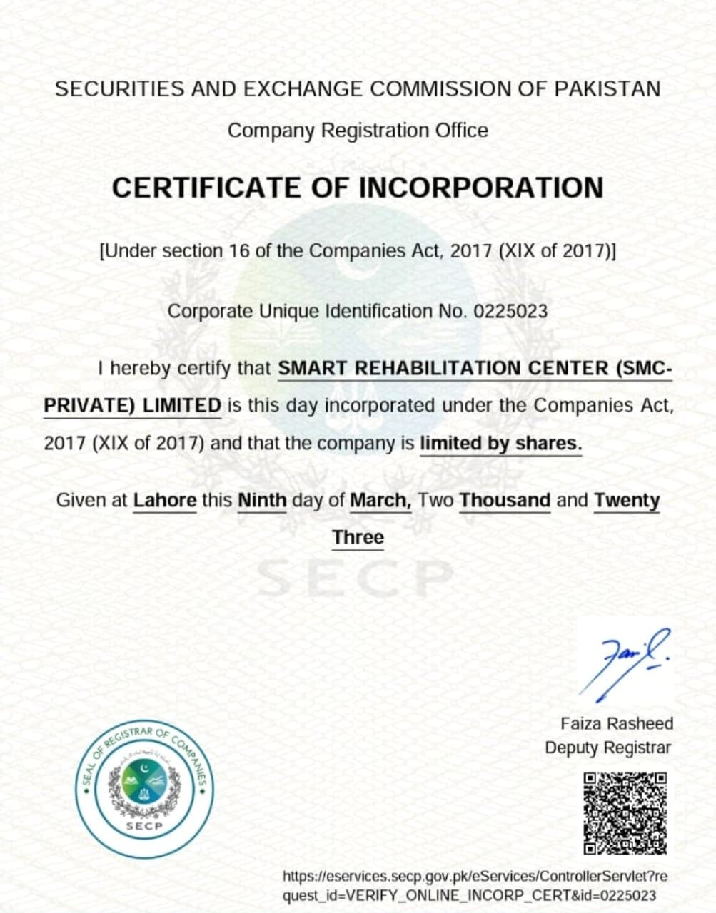 SECP Certificate of Incorporation for Smart Rehabilitation Center (SMC-Private) Limited