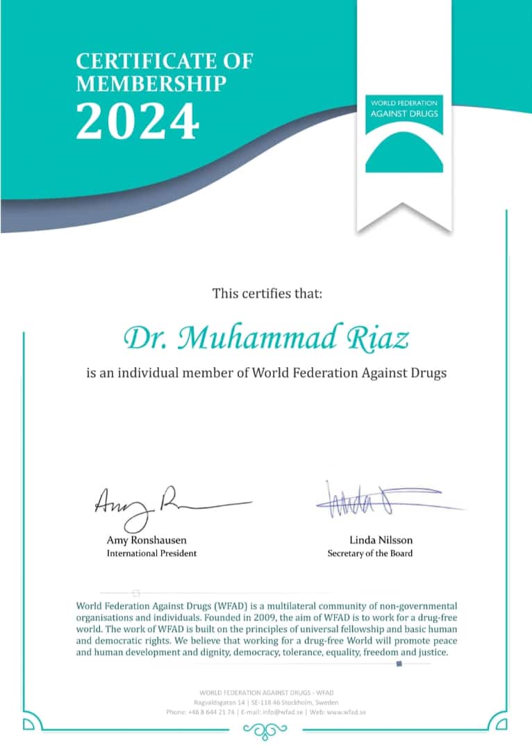 World Federation Against Drugs 2024 Certificate of Membership for Dr. Muhammad Riaz