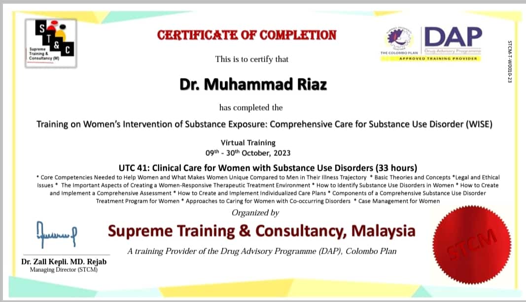 Certificate of Completion — Training on Women's Intervention of Substance Exposure, Supreme Training & Consultancy Malaysia
