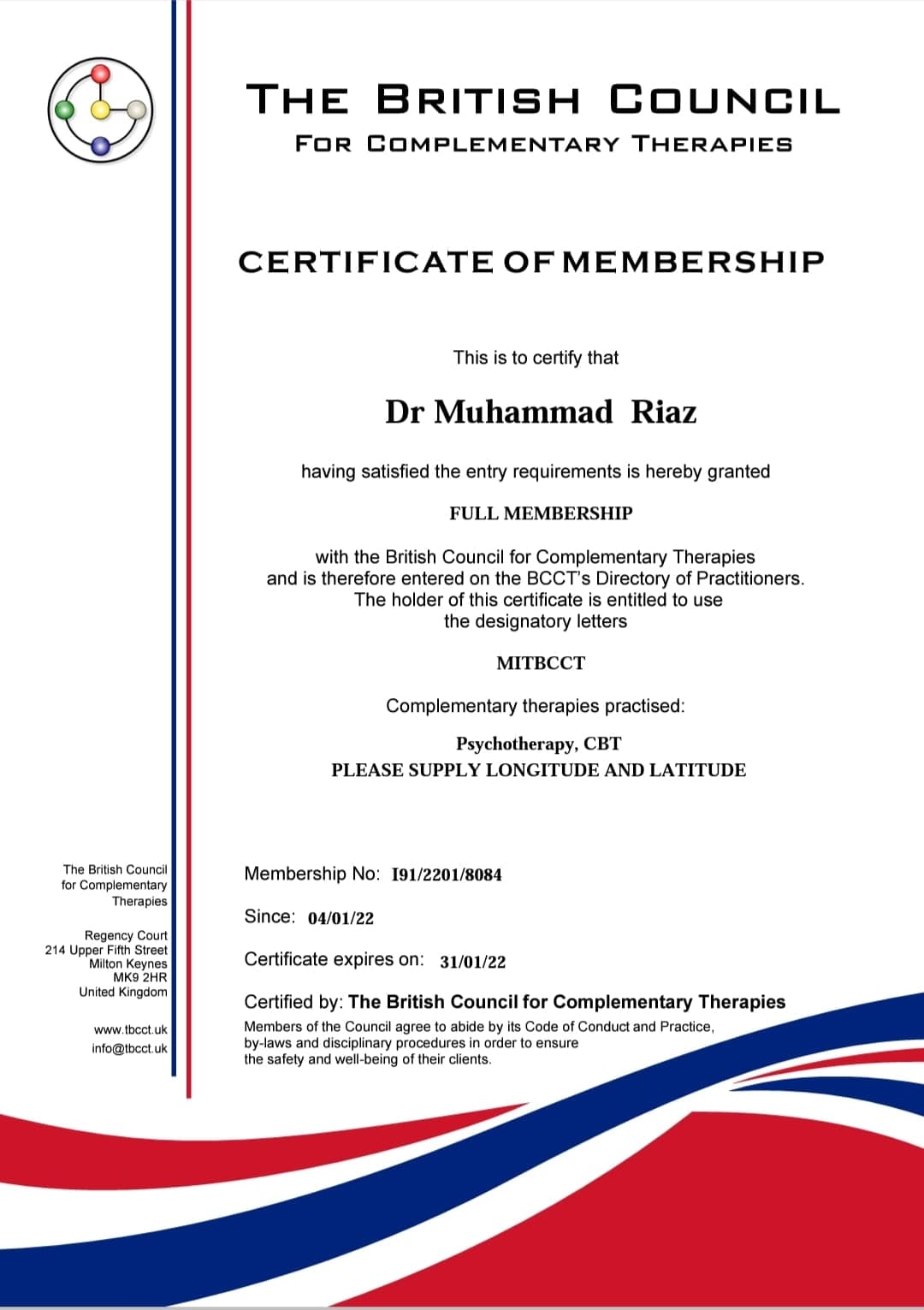 British Council for Complementary Therapies Certificate of Membership for Dr. Muhammad Riaz