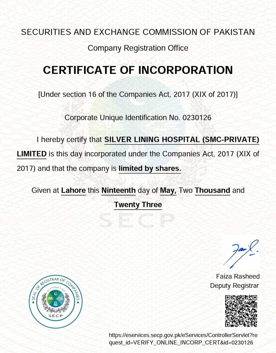 SECP Certificate of Incorporation for Silver Lining Hospital (SMC-Private) Limited