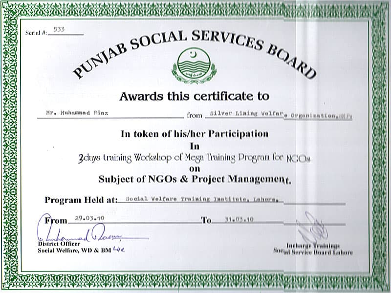 Award or certificate presented to Silver Lining Welfare Organization