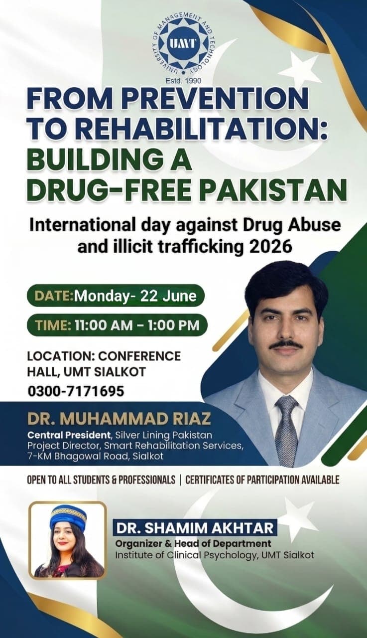 Event poster for a University of Management and Technology, Sialkot seminar on drug prevention and rehabilitation, featuring Dr. Muhammad Riaz