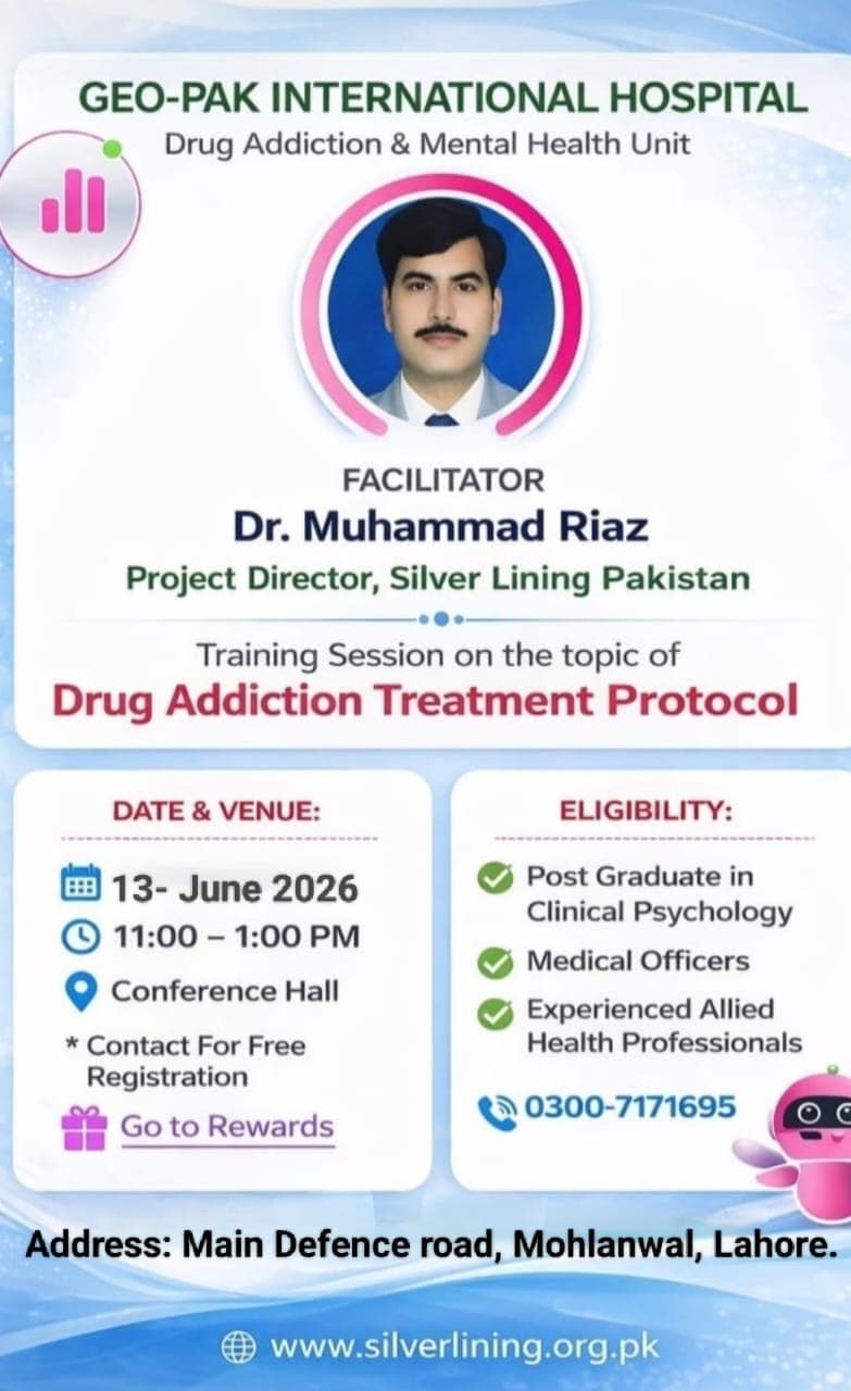Event poster for a Geo-Pak International Hospital training session on drug addiction treatment protocol, facilitated by Dr. Muhammad Riaz